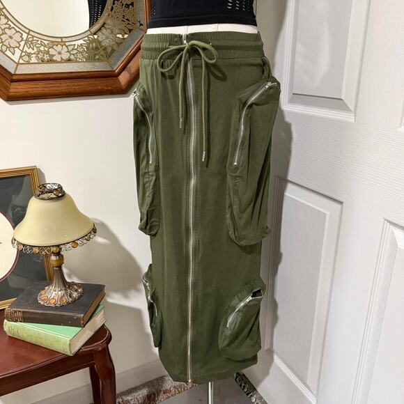 NWT Love Highlight Army Green Drawstring Cargo Maxi Skirt w Working Zippers S - Picture 1 of 7